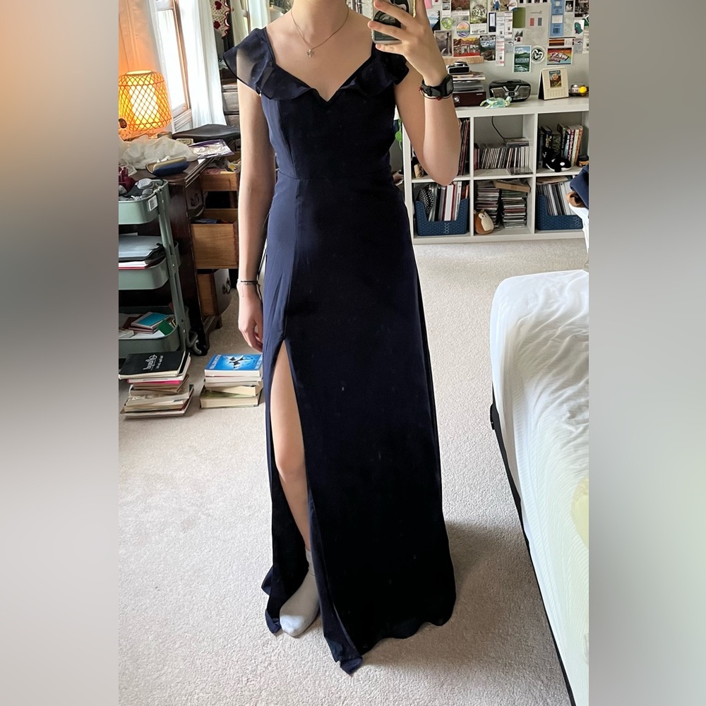 Lulus navy blue ruffle sleeve formal dress